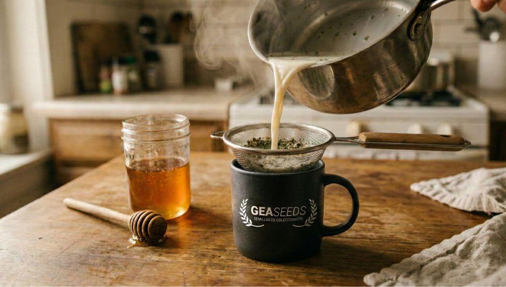 Eliminando la materia vegetal filtrando la infusión de marihuana con un colador