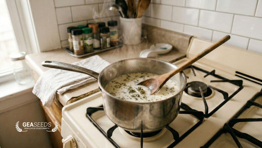 Marihuana y leche calentándose poco a poco en una olla