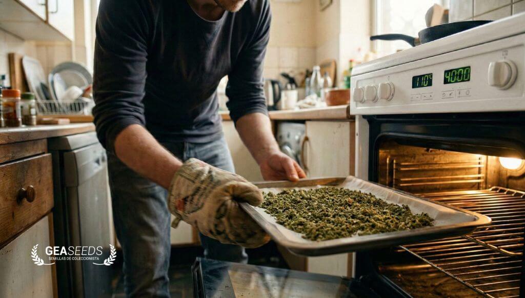 Descarboxilando marihuana triturada en una bandeja del horno