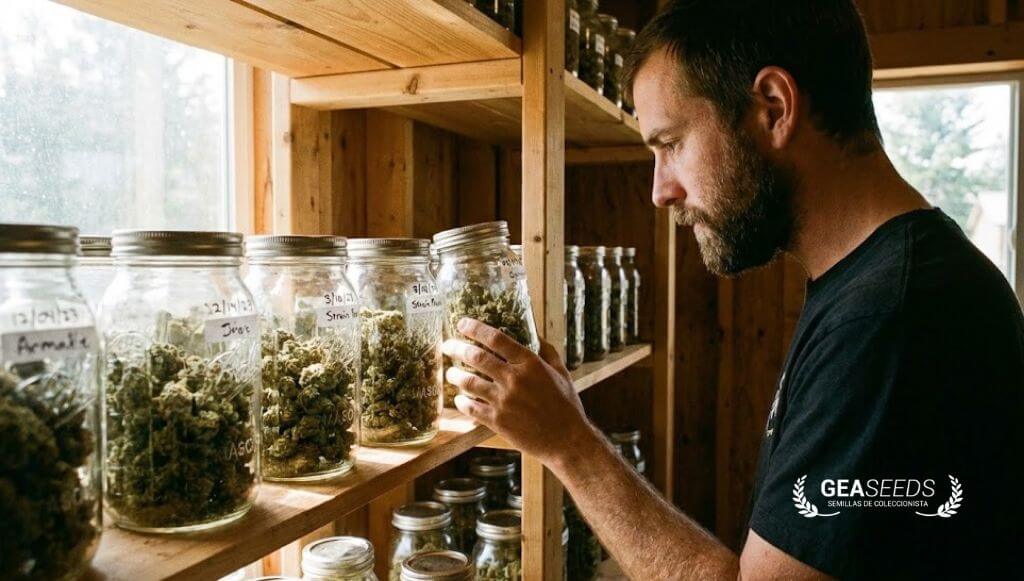 Botes de cristal con marihuana seca curándose en el interior