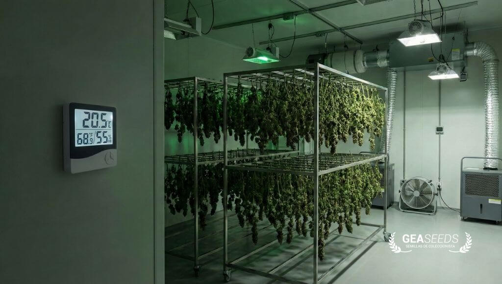 Marihuana secándose con higrómetro controlando los parámetros climáticos ideales
