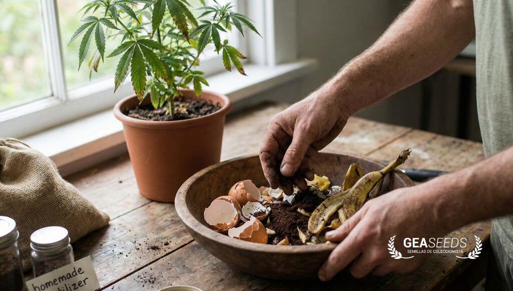 Mezclando ingredientes orgánicos para hacer un compost casero al lado de una planta de cannabis