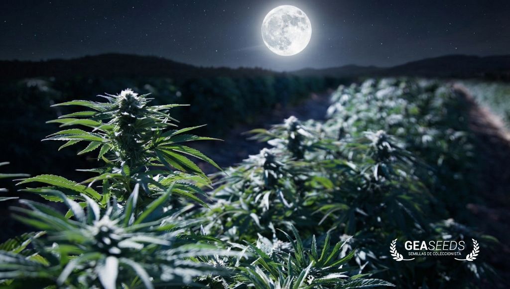 Marihuana creciendo bajo la luz lunar