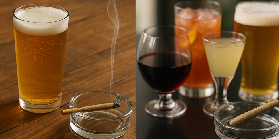 cervezas, vinos y otras bebidas alcohólicas en una mesa de madera junto a dos ceniceros con un blunt de marihuana