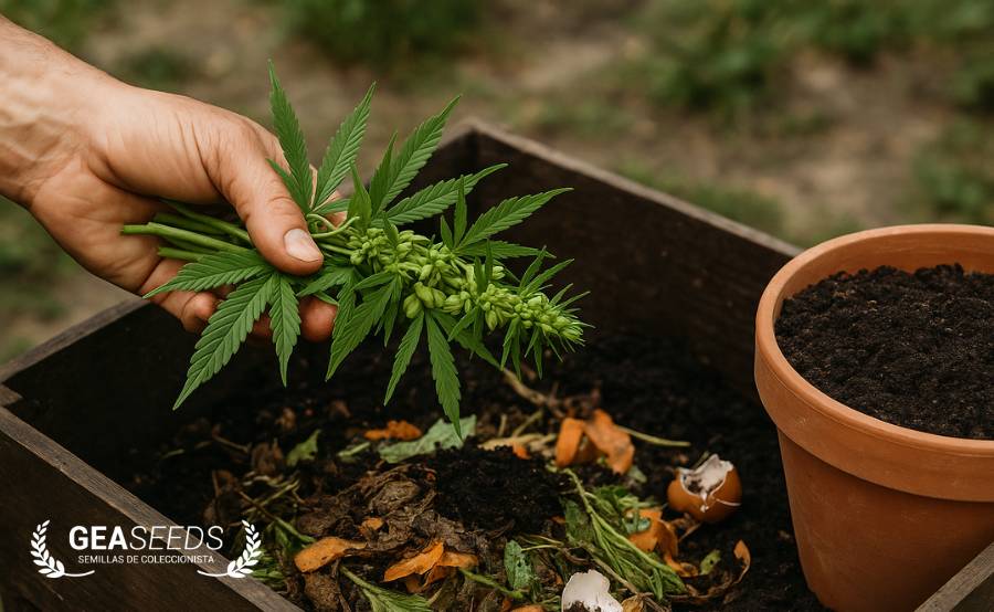 Mano haciendo compost con una planta macho de cannabis