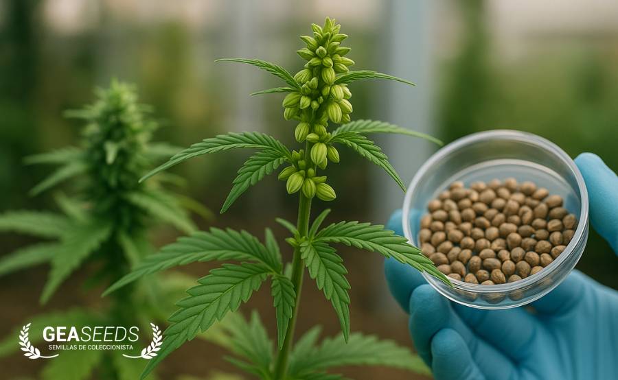 Planta macho de marihuana fecundando a una hembra y con una mano llena de semillas