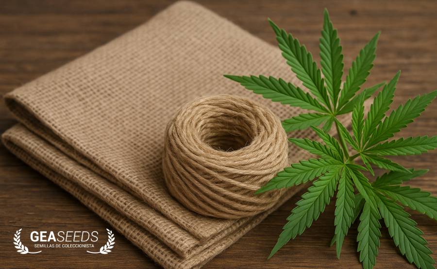 Hoja de marihuana macho al lado de una cuerda hecho de cáñamo macho