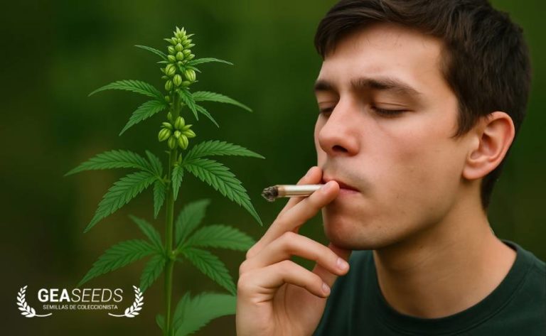 Persona fumando delante de una planta macho de cannabis