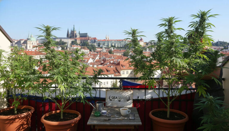 Cultivo de plantas de cannabis en macetas en una terraza con vistas al centro histórico de Praga y al Castillo de Praga al fondo.