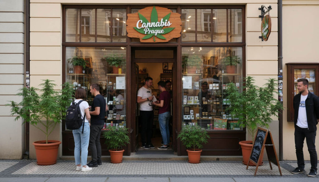 Fachada de una tienda de cannabis en Praga con el cartel “Cannabis Prague”, varias plantas en macetas y personas conversando frente a la entrada.