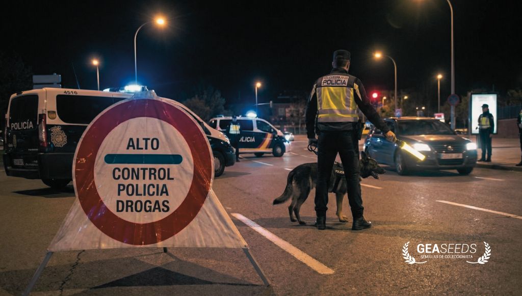 Control de la policía Nacional con un perro detector de drogas y un cartel que pone Alto Policía