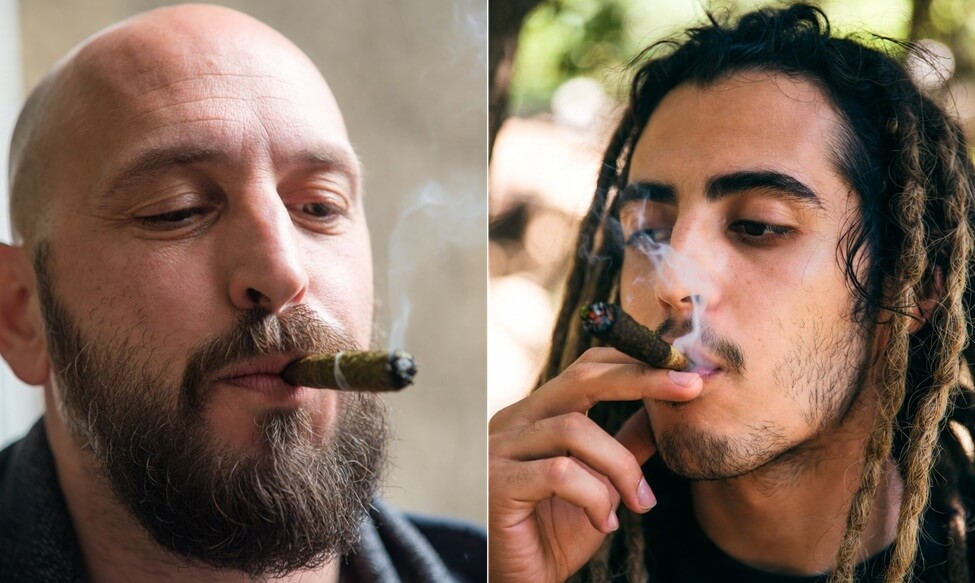 A la izquierda una persona sin pelo fumando y a la derecha otra persona con pelo largo y rastas