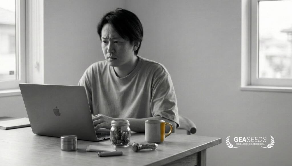 Persona con expresión de dificultad de concentración tras consumo de cannabis mientras trabaja con un portátil.