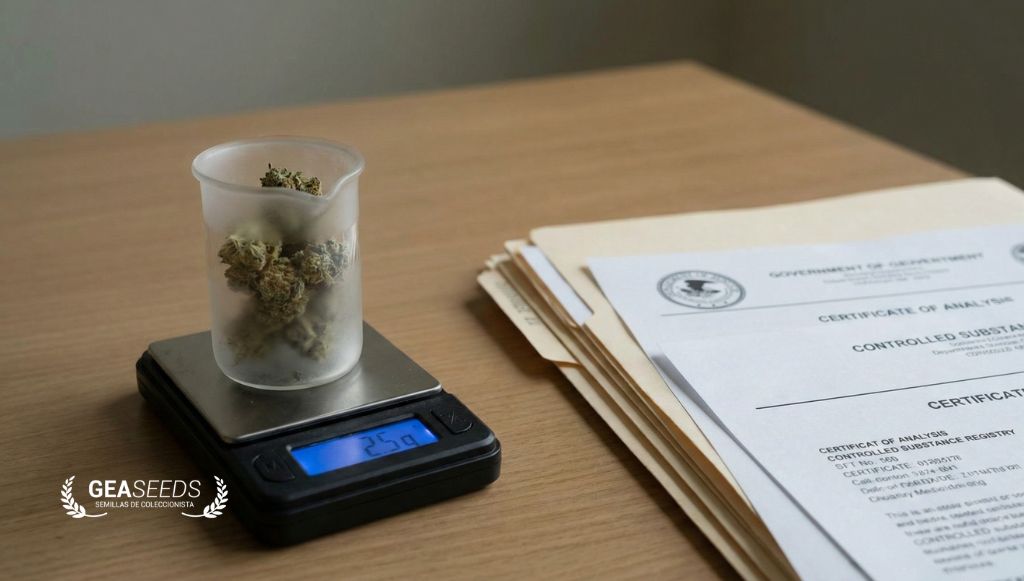 Cannabis samples weighed on a digital scale alongside official control and analysis documents in Germany.