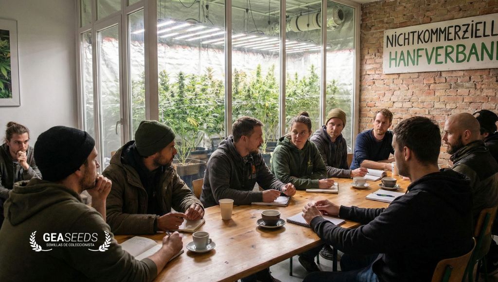 Meeting of members of a cannabis association in Germany with controlled cultivation visible in the background.