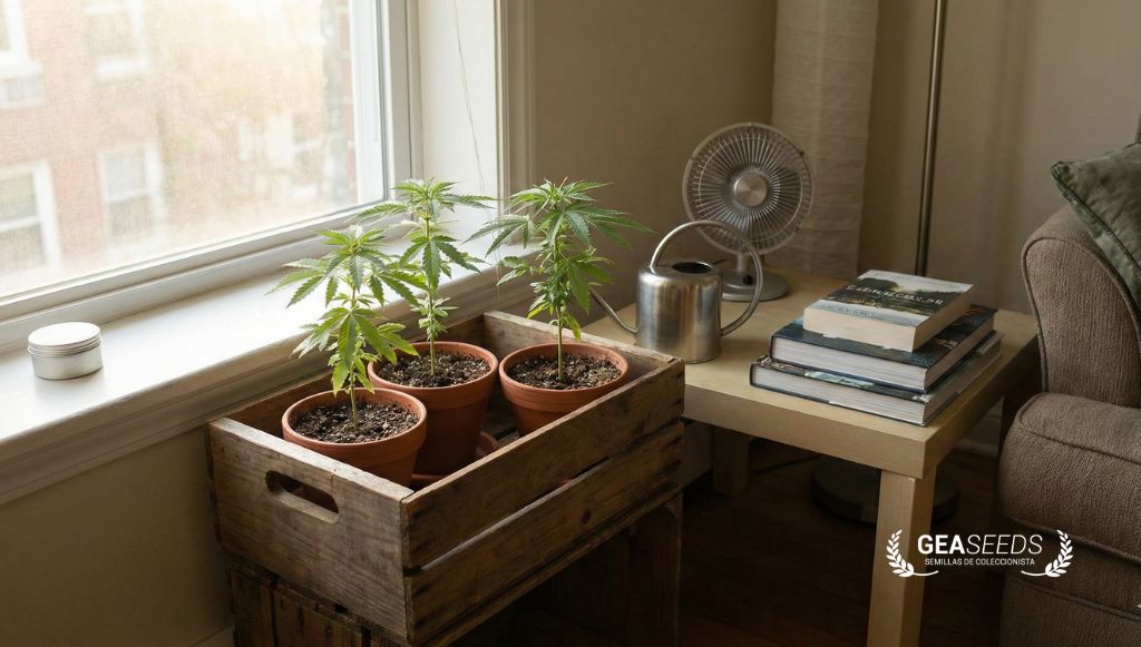 Young cannabis plants grown indoors near a window in a domestic setting in Germany.