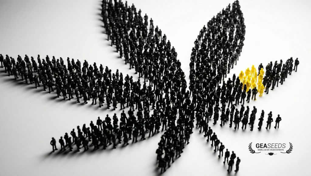 Cientos de figuras de personas formando una hoja de marihuana