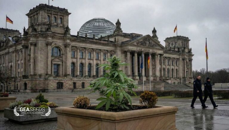 Planta de cannabis frente a un edificio institucional en Alemania, símbolo del cambio legal tras la legalización del cannabis.