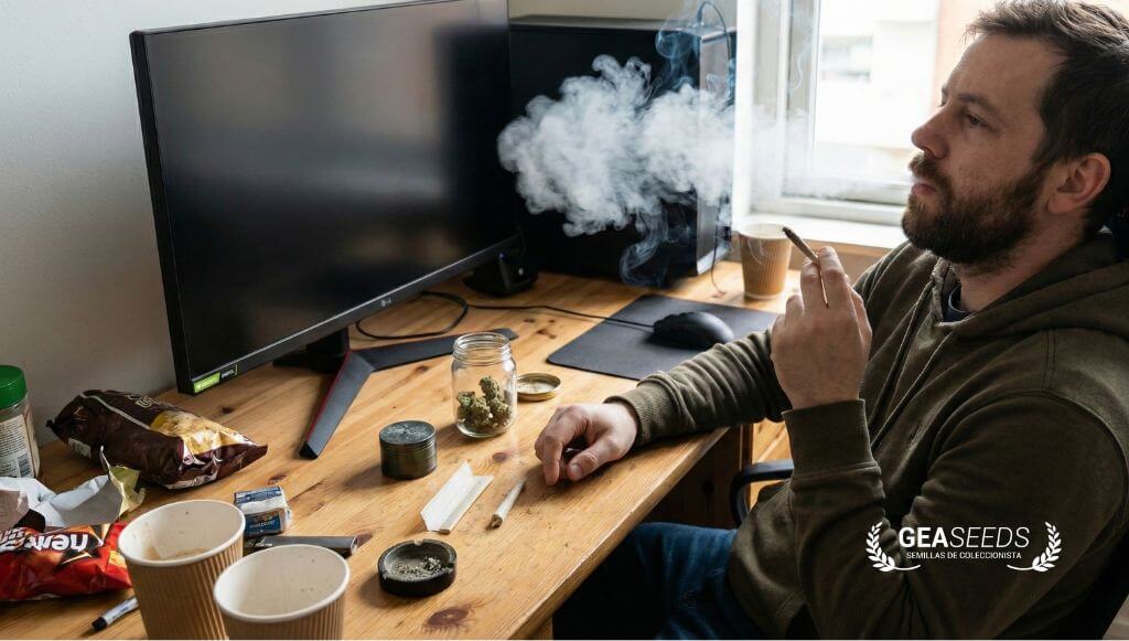 Persona fumando marihuana delante del ordenador