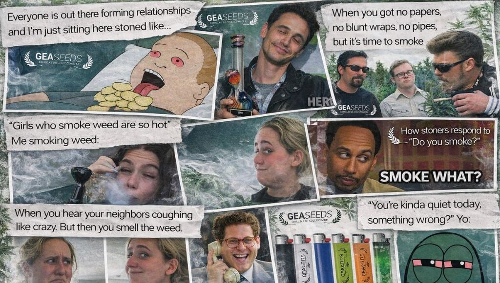 Collage with several cannabis meme images