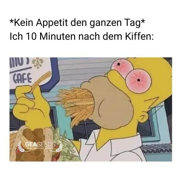 Lustiges Meme mit Homer Simpson über starken Hunger nach dem Kiffen