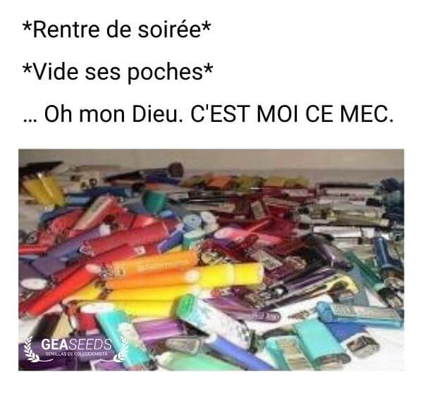 Mème drôle montrant une grande quantité de briquets trouvés dans les poches après une soirée