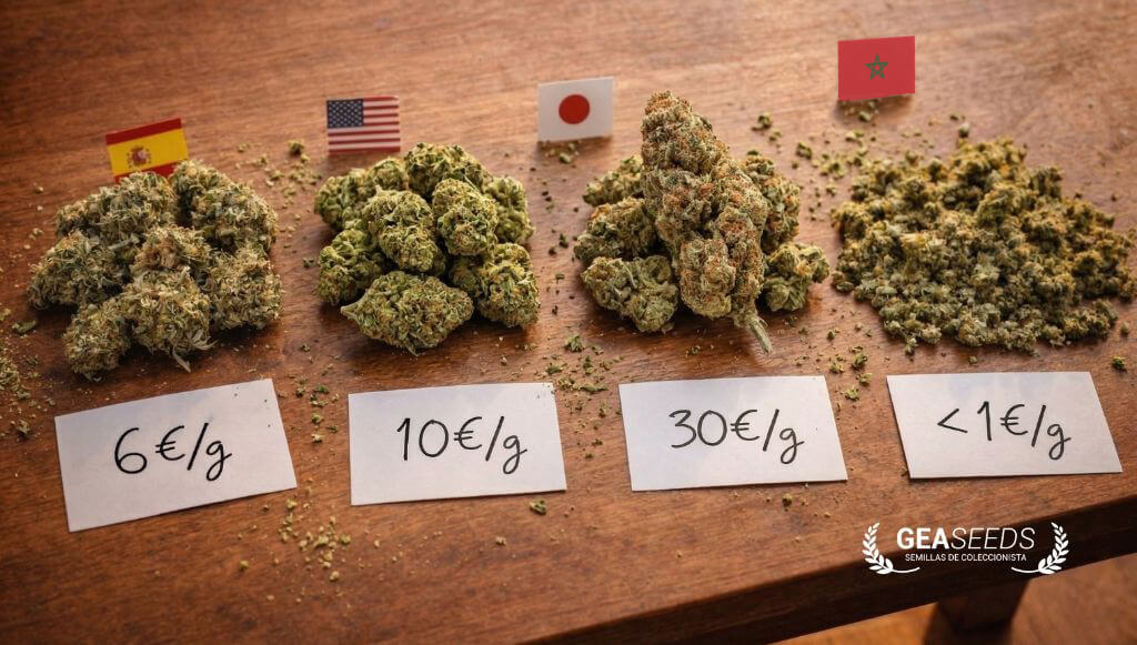 Montones de cogollos de marihuana con su correspondiente precio y la bandera del país