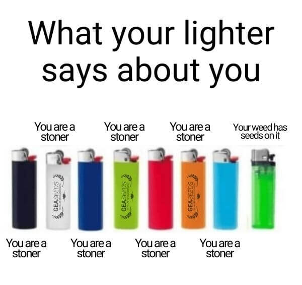 Funny weed meme showing different lighters and what they say about stoners