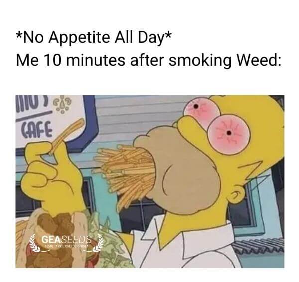 Funny weed meme about munchies after smoking showing Homer Simpson eating