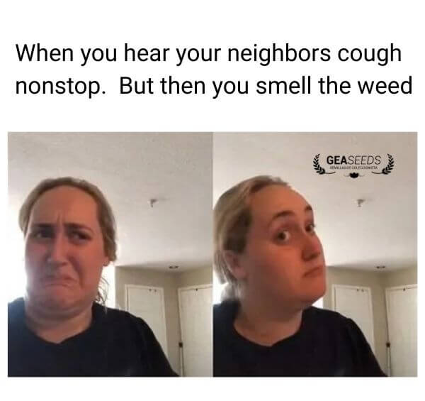Funny weed meme about hearing neighbors coughing and realizing they are smoking weed