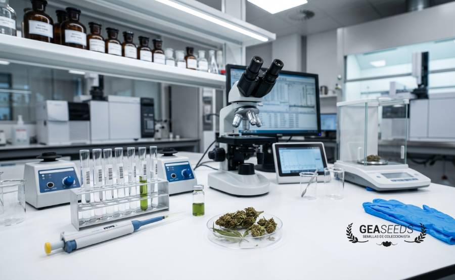 Laboratory microscope with hemp samples for cannabinoid analysis