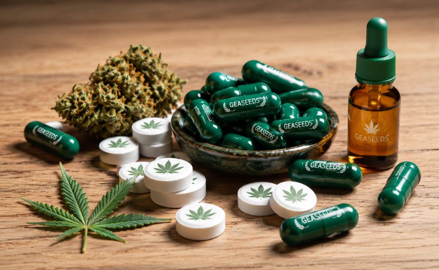 Cápsulas, comprimidos, flores secas y frasco de aceite de cannabis medicinal sobre una superficie de madera.