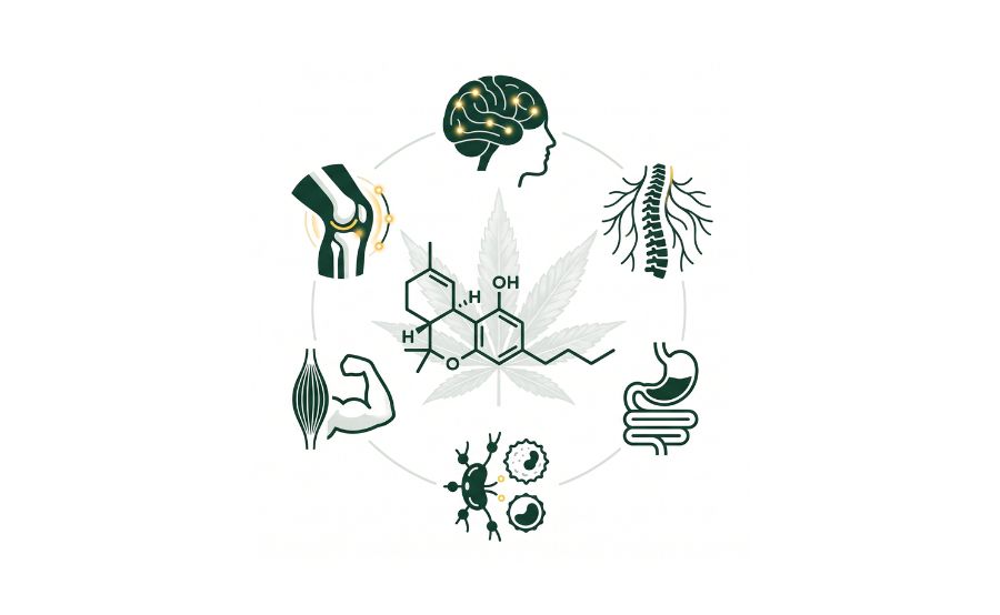 Infografía de cannabis medicinal con molécula cannabinoide e iconos de sistemas del cuerpo alrededor de una hoja de cannabis.