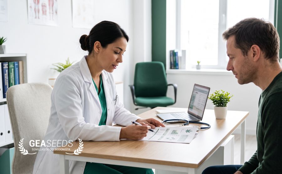 Doctora explicando información sobre cannabis medicinal a un paciente en una consulta médica.