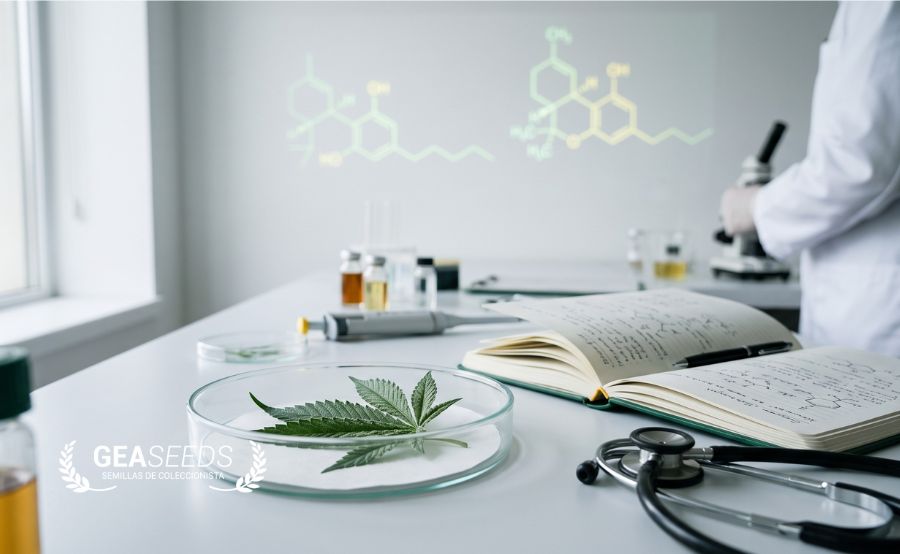 Escena de investigación sobre cannabis medicinal con hoja de cannabis en placa de Petri, notas de laboratorio y microscopio.