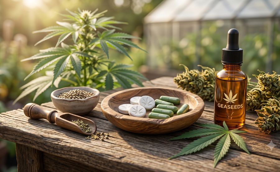 Concepto natural de cannabis medicinal con planta, semillas, cápsulas y aceite de cannabis sobre una mesa de madera.